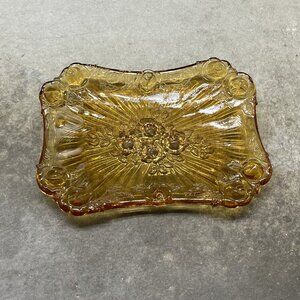 Amber Roses Carved Glass Jewelry Trinket Dish